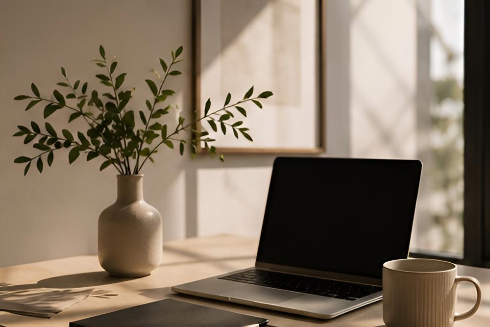 Laptop och anteckningsblock på ett organiserat skrivbord